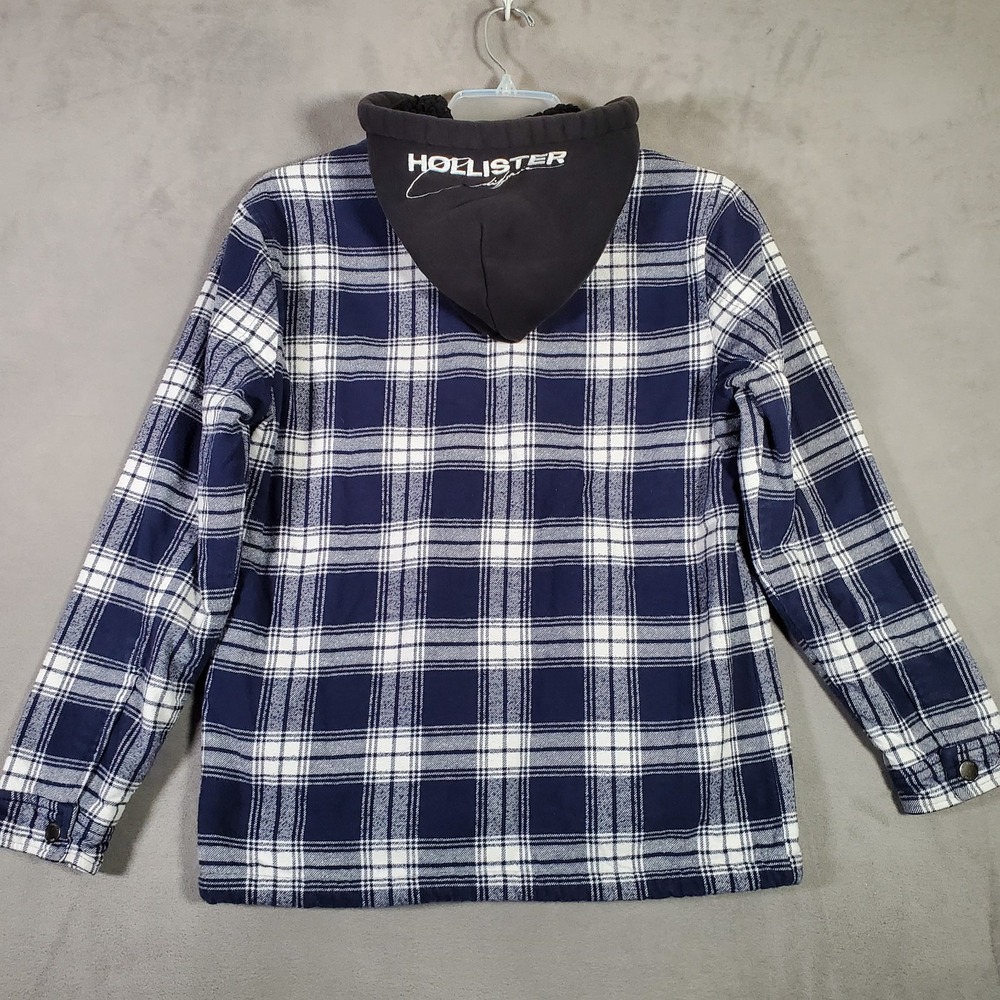 Hollister Shacket Mens S Blue Plaid Hooded Stitched Sherpa Lined Snap Grunge Y2K - Picture 3 of 11